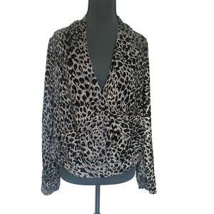 LAGENCE Lydia XS Wrap Front Leopard Print Long Sleeve Burnout Velvet Silk Blouse